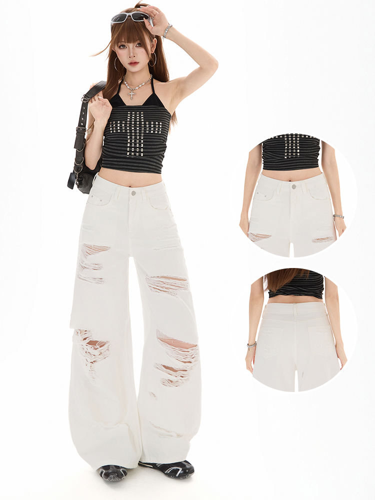 Street Fashion High End - White High Street Wide Leg Straight