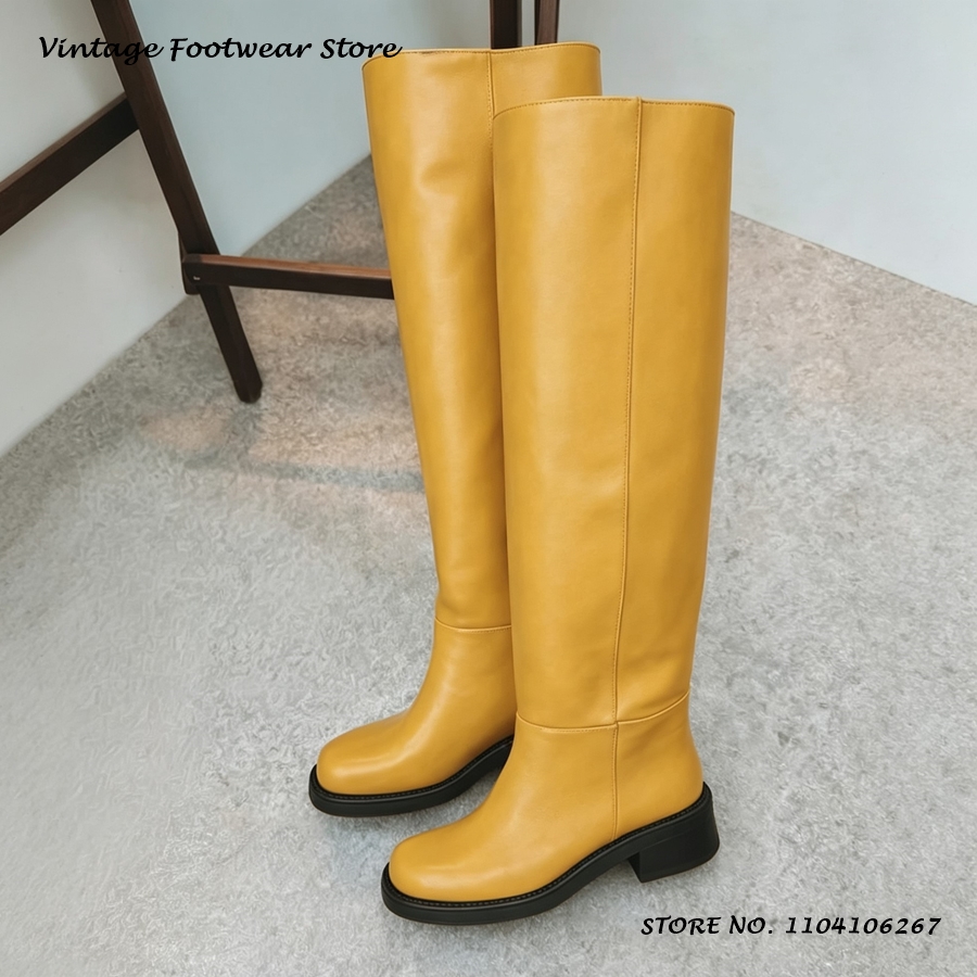 Street Fashion Rome - Yellow PU Leather Knee-high Boots Concise