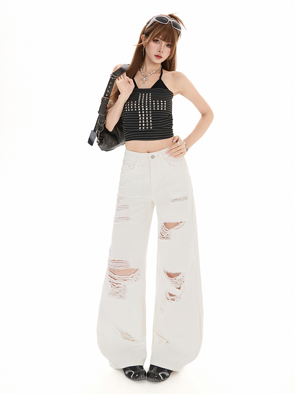 White High Street Wide Leg Str - Street Fashion High End ulasan dan harga