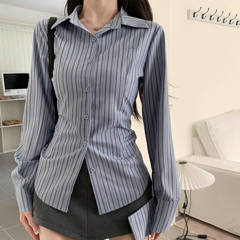 Y2k Striped Shirt Women Long S - Street Fashion Korea ulasan dan harga
