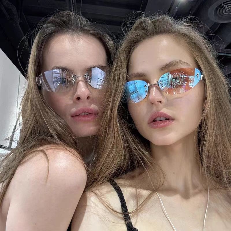 Y2K Frameless Oval Metal Sungl - Street Fashion Shoot ulasan dan harga