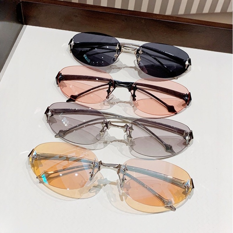 Y2K Frameless Oval Metal Sungl - Street Fashion Shoot ulasan dan harga