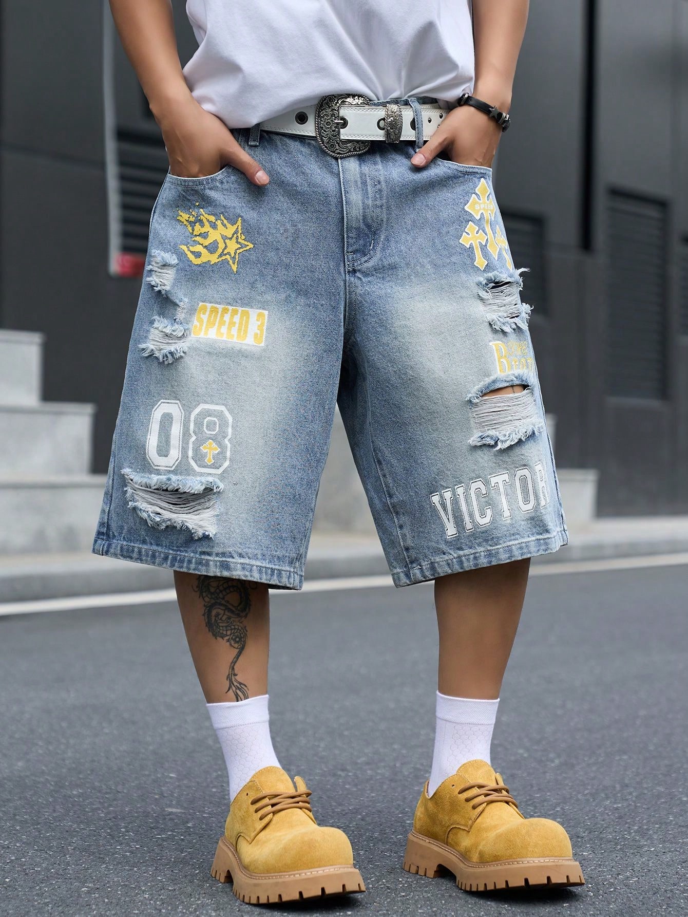Men's Loose Fit Denim Bermuda  - Street Fashion Dance ulasan dan harga