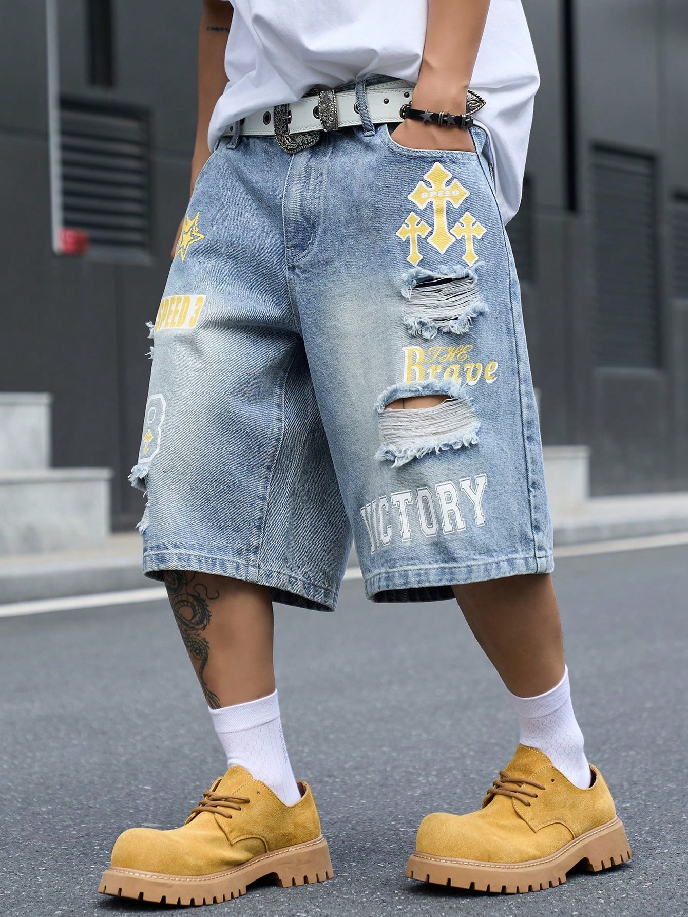 Men's Loose Fit Denim Bermuda  - Street Fashion Dance ulasan dan harga